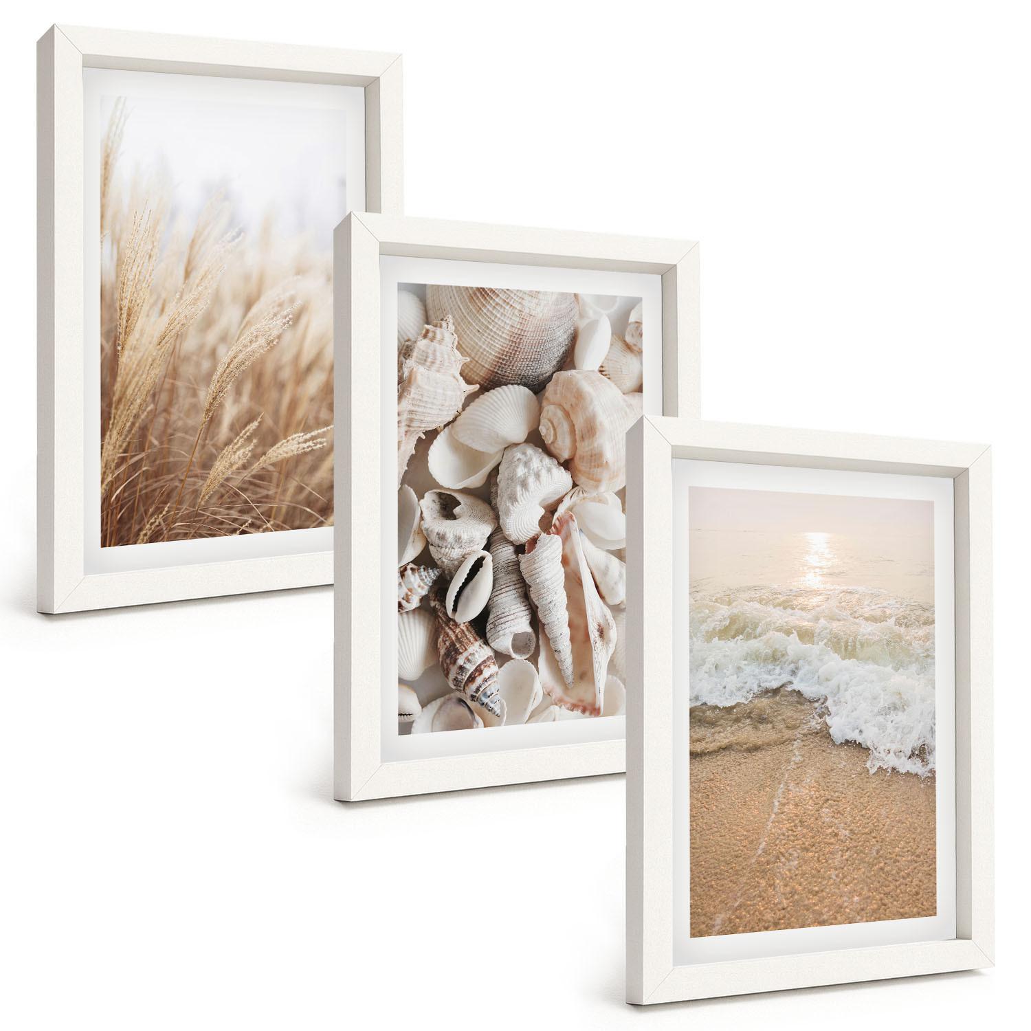 BILDER SET 3er Set - 20x30 cm Weißer Rahmen - Strandmotive, Muscheln, Wellen - Weiß, Kunststoff (20/30cm) - TULUP