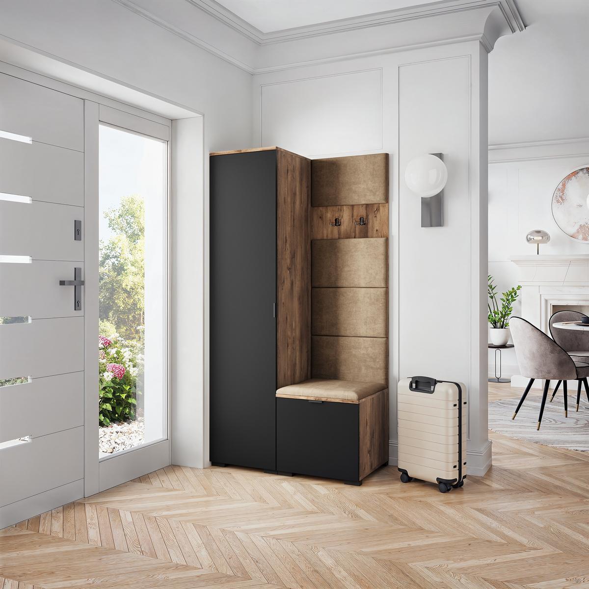 GARDEROBENSCHRANK LORI 95/181/51 cm Modern Garderobe-Set Eiche Lefkas - Eichefarben/Schwarz, Holzwerkstoff (95/181/51cm) - MASSENO