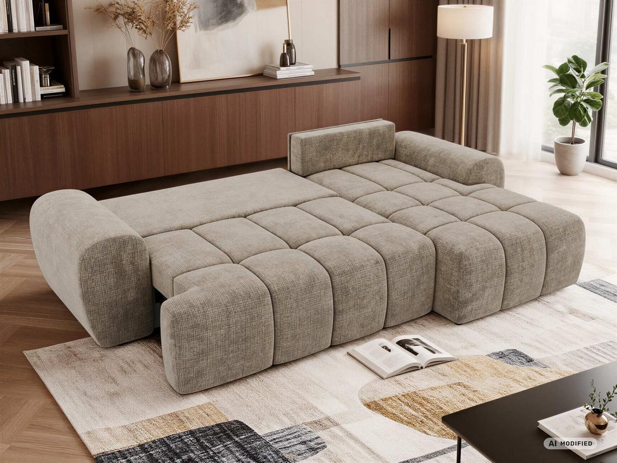 ECKSOFA MARIVO L - Beige Schenille grob gewebt - Rechts Seite - Beige/Schwarz, Kunststoff/Textil (271/161cm) - MKS