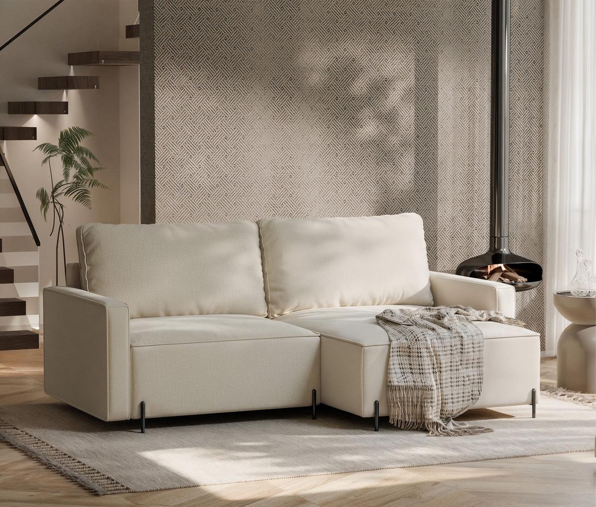 ECKSOFA LEO Rechts, mit Schlaffunktion und Bettkasten, Creme - Creme, Textil/Metall (229/148cm) - Idohome