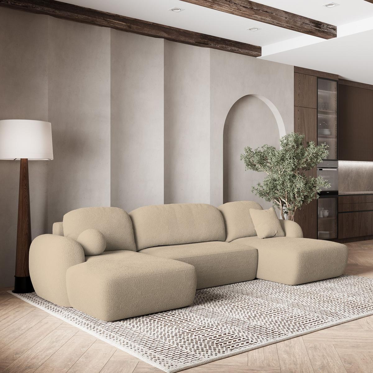 WOHNLANDSCHAFT SAVONA N Creme Boucle-Stoff mit Schlaffunktion - Creme/Schwarz, Holz/Kunststoff (320/90/148cm) - MASSENO