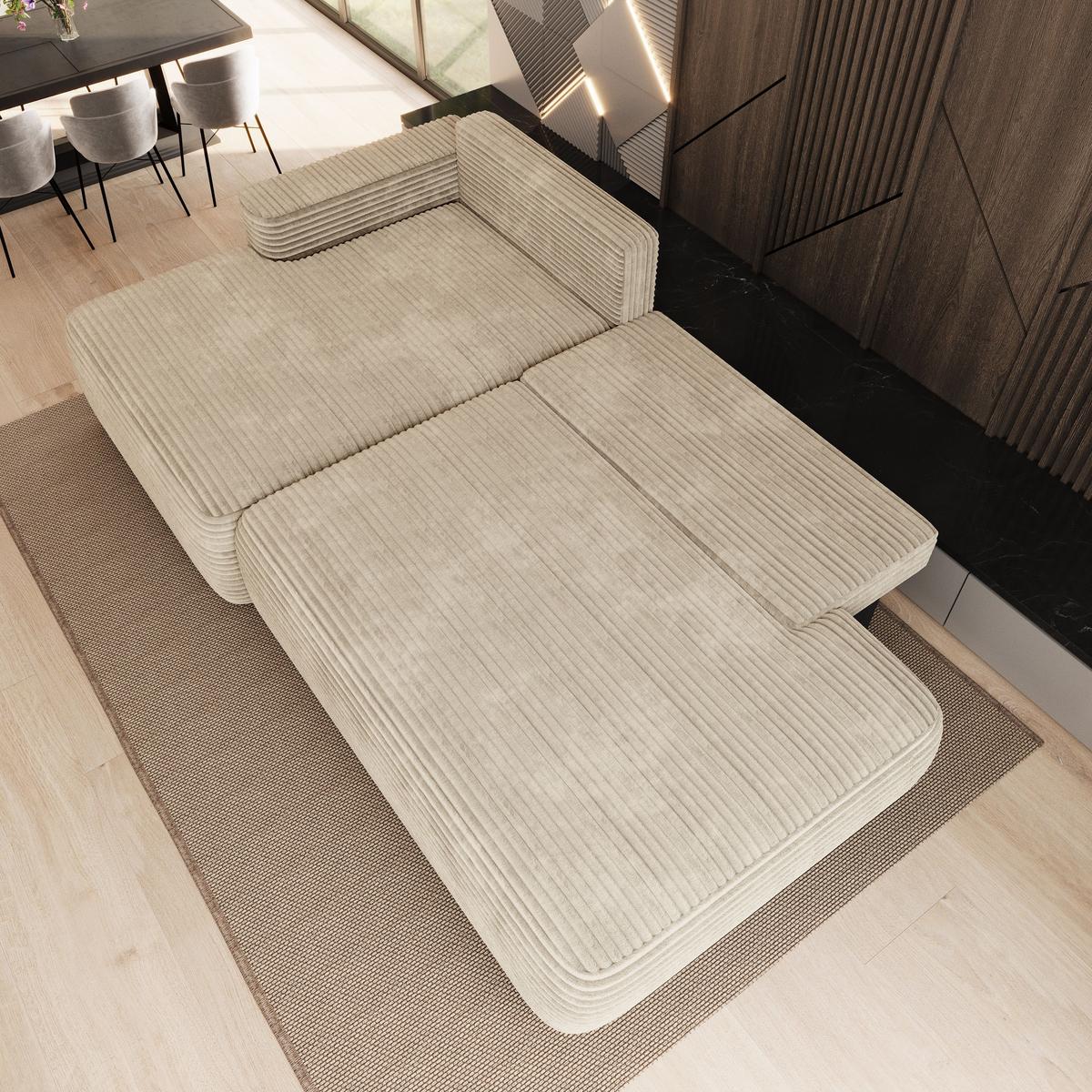 ECKSOFA AVINI T L-S Creme Kordstoff mit Schlaffunktion - Creme, Holzwerkstoff/Textil (277/160cm) - MASSENO