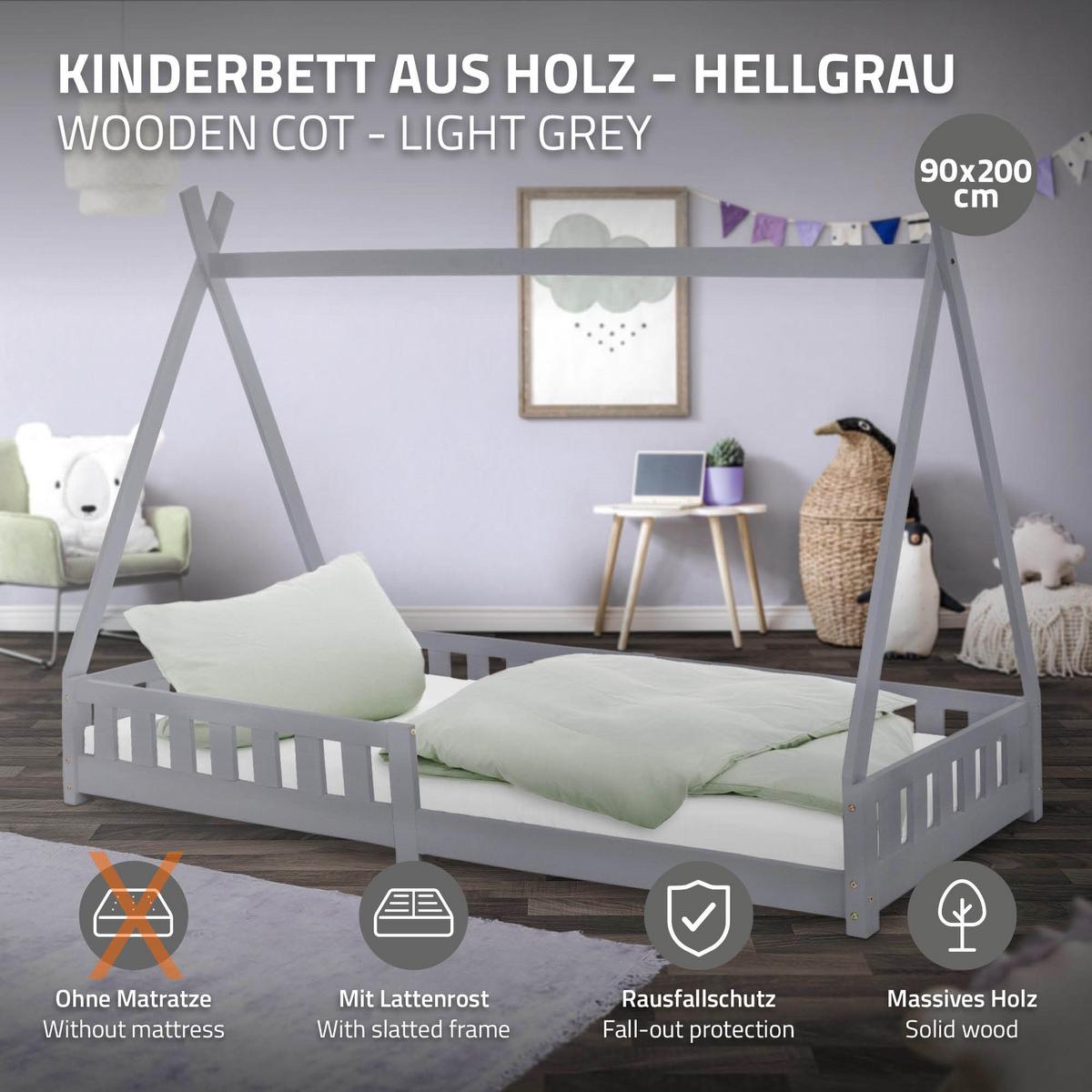 KINDERBETT Tipi 90x200 cm Hellgrau - Hellgrau, Holz (90/200cm) - ML-DESIGN