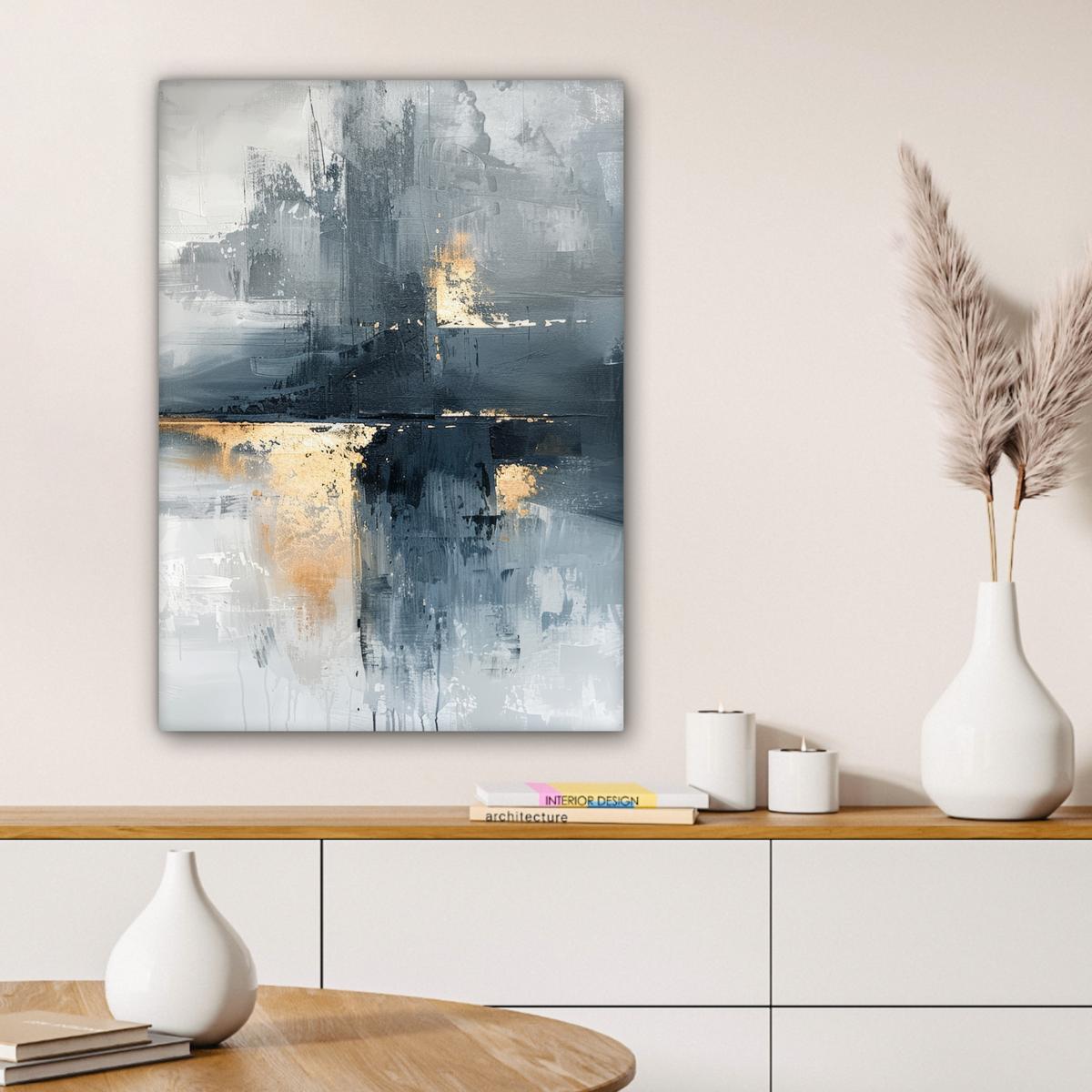 LEINWANDBILD Kunst - Grau - Gold - Abstrakt Wandbild Wohnzimmer 60x80 cm - Dunkelgrau, Textil (60/80cm) - MuchoWow