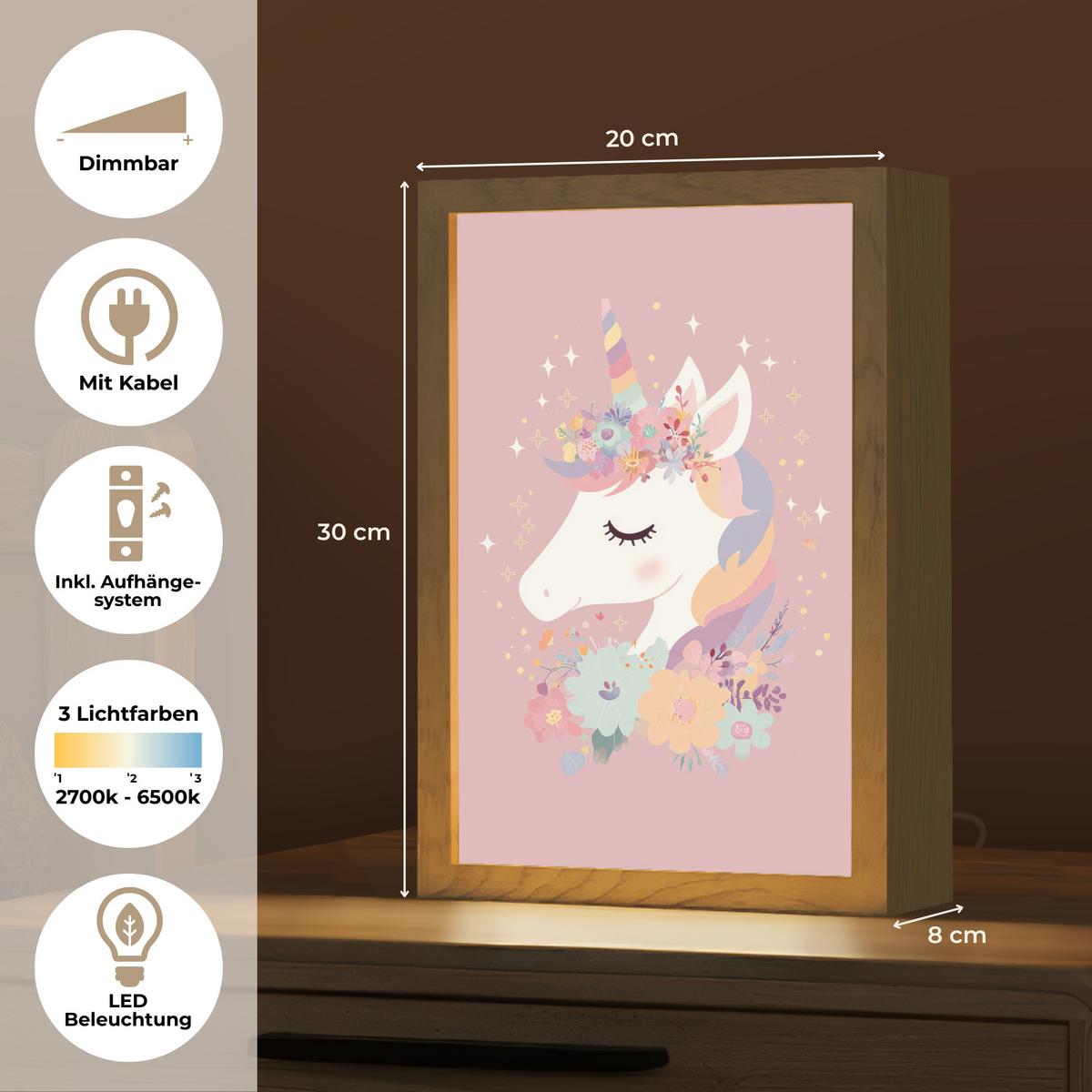 NACHTTISCHLAMPE Einhorn - Rosa - Blumen 20x30 cm - Rosa, Holzwerkstoff (8/20/30cm) - OnlyWow