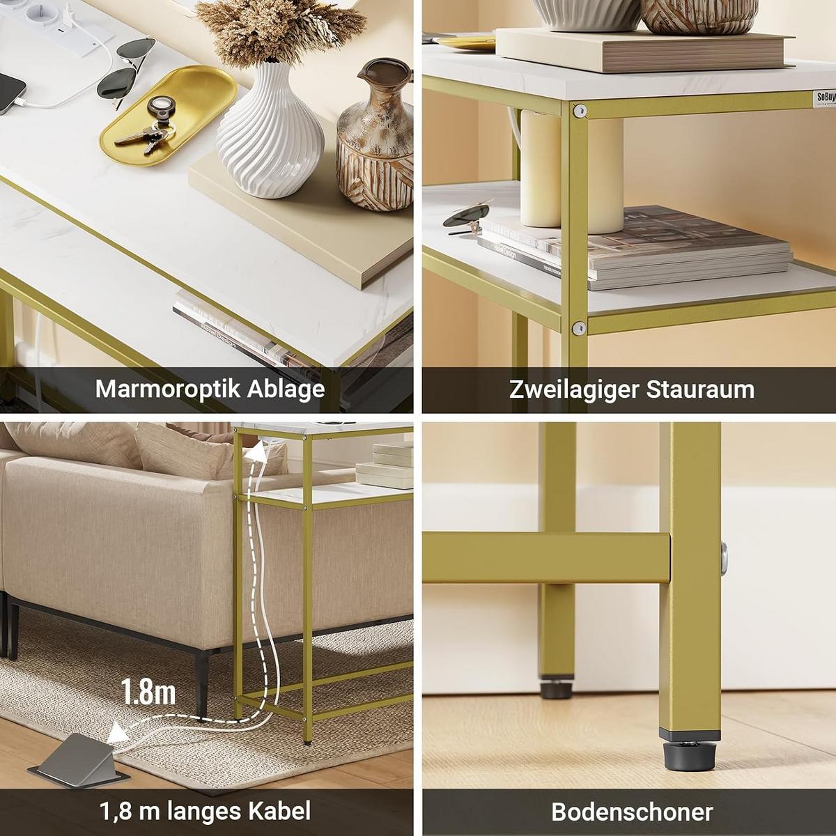 KONSOLENTISCH mit 2 Ablagen und 2 Steckdosen modern 80x30x75 cm - Goldfarben/Weiß, Holzwerkstoff/Metall (30/80/75cm) - SoBuy