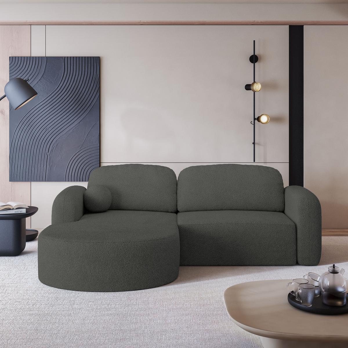 ECKSOFA AMILIA L-S Grau Boucle-Stoff mit Schlaffunktion - Grau, Holz (263/174cm) - MASSENO