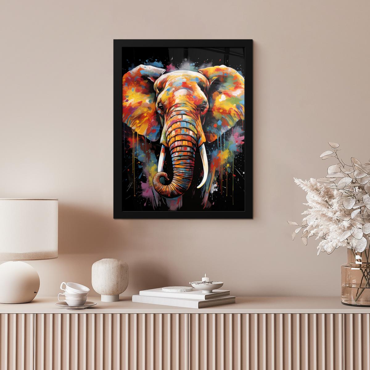 POSTER MIT RAHMEN Elefant - Graffiti - Schwarz - Tiere - Farben Bilderrahmen 30x40 cm - Schwarz, Papier (30/40cm) - MuchoWow