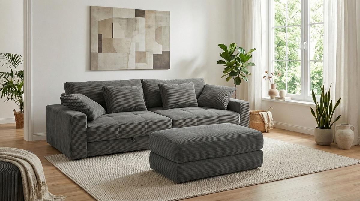 BIG-SOFA mit 2 Bettkästen, viel Stauraum, B274/T113/H84 cm, Liegefläche 103x241 cm, Cord Dunkelgrau / 15261 - Dunkelgrau/Schwarz, Kunststoff/Textil (284/84/113cm) - luma-home