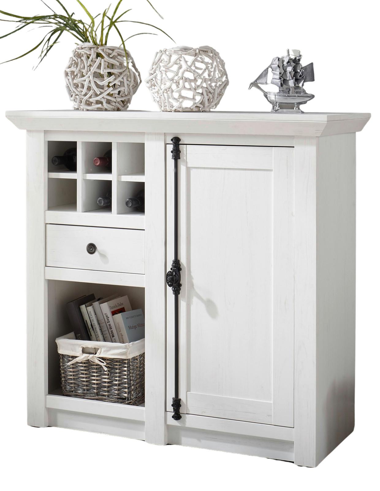 KOMMODE Pinie weiß Landhaus 105 cm, Anrichte mit Weinregal - Schwarz/Weiß, Holzwerkstoff/Metall (105/100/45cm) - Furn.Design