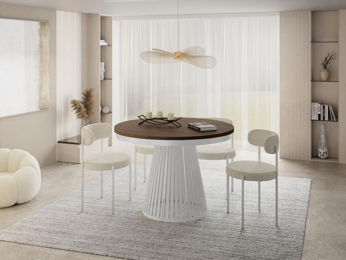 ESSTISCH Naro rund ausziehbar mit Weißem Lamellen-Metallgestell, Walnuss Braun 100-180/100/76 cm - Walnussfarben/Weiß, Holzwerkstoff/Metall (100/176/76cm) - WFL GROUP