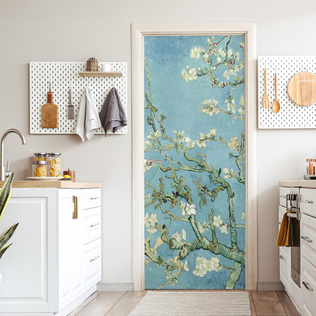 TÜRAUFKLEBER Selbstklebend - Mandelblüte - Van Gogh - Kunst 95x215 cm - Türtapete - Pastellblau, Kunststoff (95/215cm) - MuchoWow
