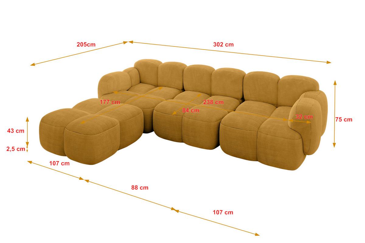ECKSOFA modulares Sofa Links Miko-L2 302x205x75 Senfgelb Cord - Schwarz/Honig, Holzwerkstoff/Kunststoff (302/205cm) - ALTDECOR