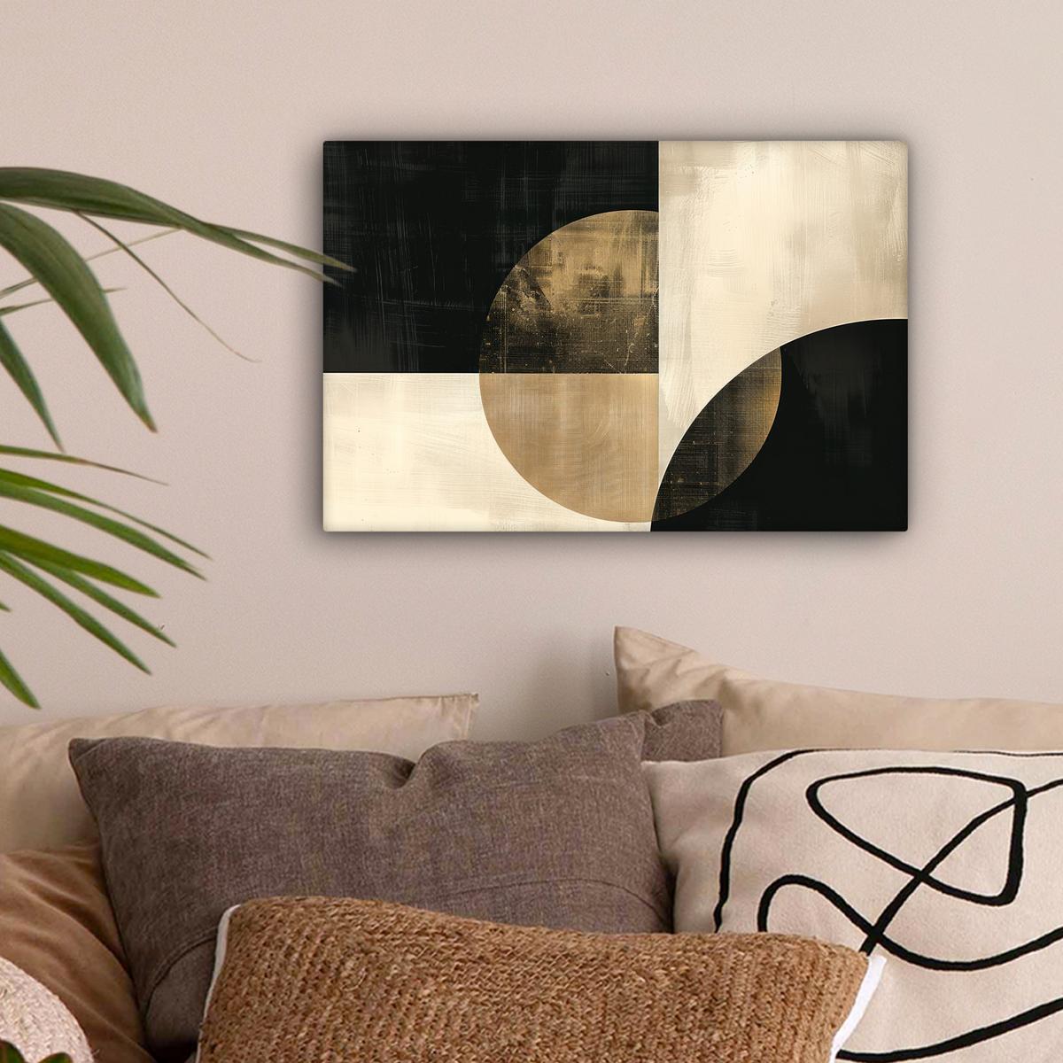 LEINWANDBILD Abstrakt - Geometrische Formen - Schwarz - Gold Deko Schlafzimmer 30x20 cm - Ecru, Textil (30/20cm) - MuchoWow