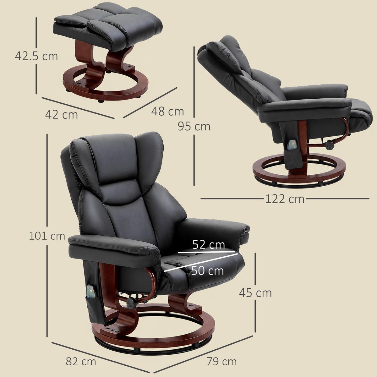 RELAXSESSEL Massagesessel mit Fußhocker Liegefunktion Schwarz 79 x 82 x 101 cm - Schwarz, Holz/Metall (82/101/79cm) - HOMCOM