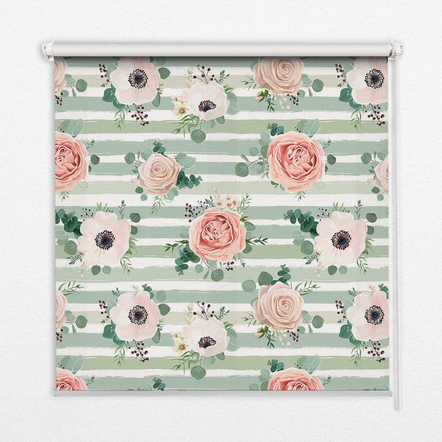 INNENROLLO - Fensterrollo - Rollo - 90x140 cm - Rosen auf grünen horizontalen Streifen - Grün, Kunststoff (90/140/0.5cm) - TULUP