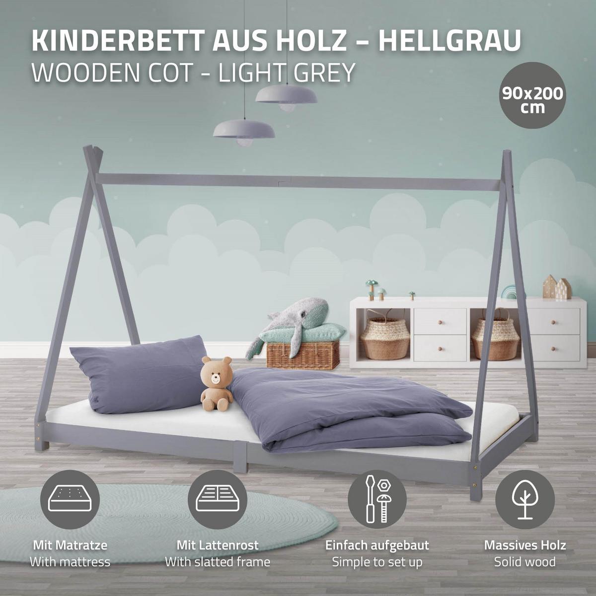 KINDERBETT Tipi mit Matratze 90x200 cm Hellgrau - Hellgrau, Holz (90/200cm) - ML-DESIGN