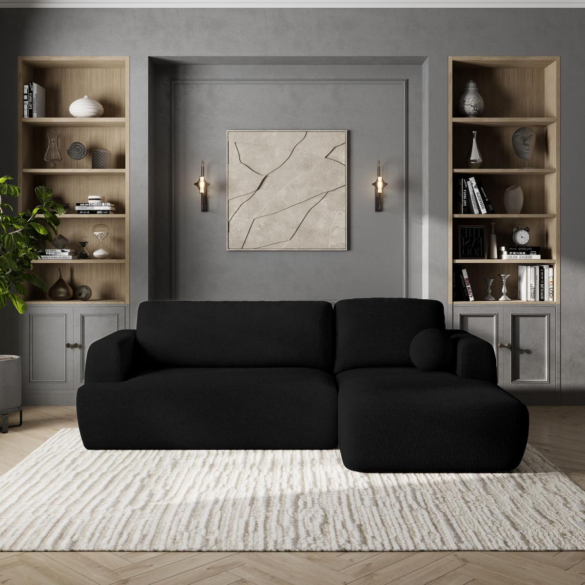 ECKSOFA SENTI N R-S Schwarz Boucle-Stoff mit Schlaffunktion - Schwarz, Holz/Kunststoff (246/148cm) - MASSENO
