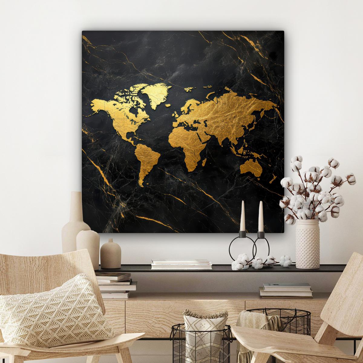 LEINWANDBILD Weltkarte - Gold - Marmor Deko Groß 90x90 cm - Goldfarben, Textil (90/90cm) - MuchoWow