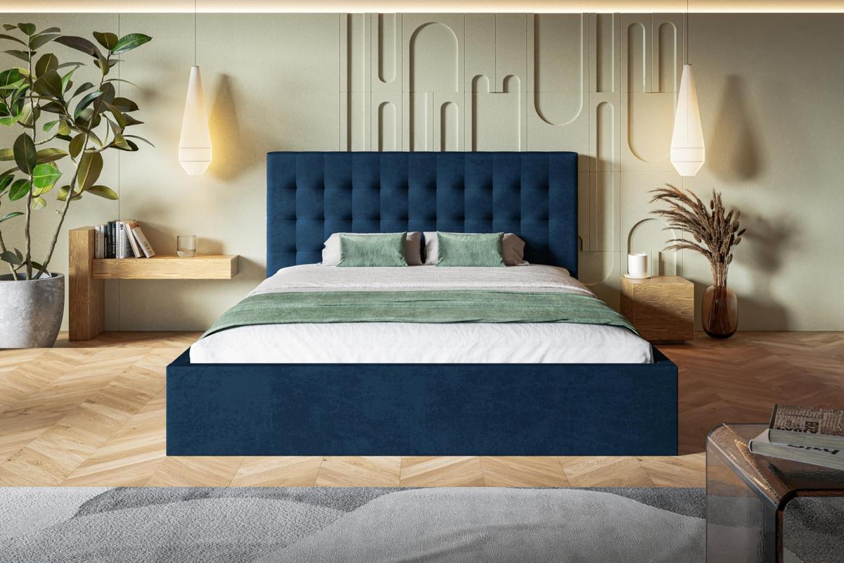 BETT 160x200 - Polsterbett mit Bettkasten und Metallrahmen - Modern Betten - Glatter Kronos-Stoff - Kollektion Rio, Blau - Blau, Holz/Textil (160/200cm) - Alpi-Möbel