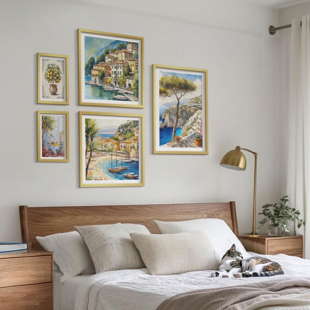 BILDER SET 5er Set - 50x50 cm & 20x30 cm & 40x60 cm Goldrahmen - Monochromatische Brückentürme - Goldfarben, Kunststoff (40/60cm) - TULUP