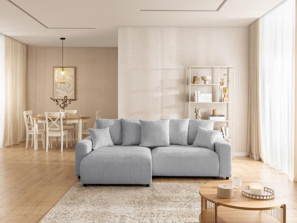 ECKSOFA Calma mit Schlaffunktion und Bettkasten im Bumpy-Design aus weichem Hellgrau Chenille-Stoff - Ottomane links - Beige/Hellgrau, Holz/Kunststoff (140/239cm) - S-Style Möbel