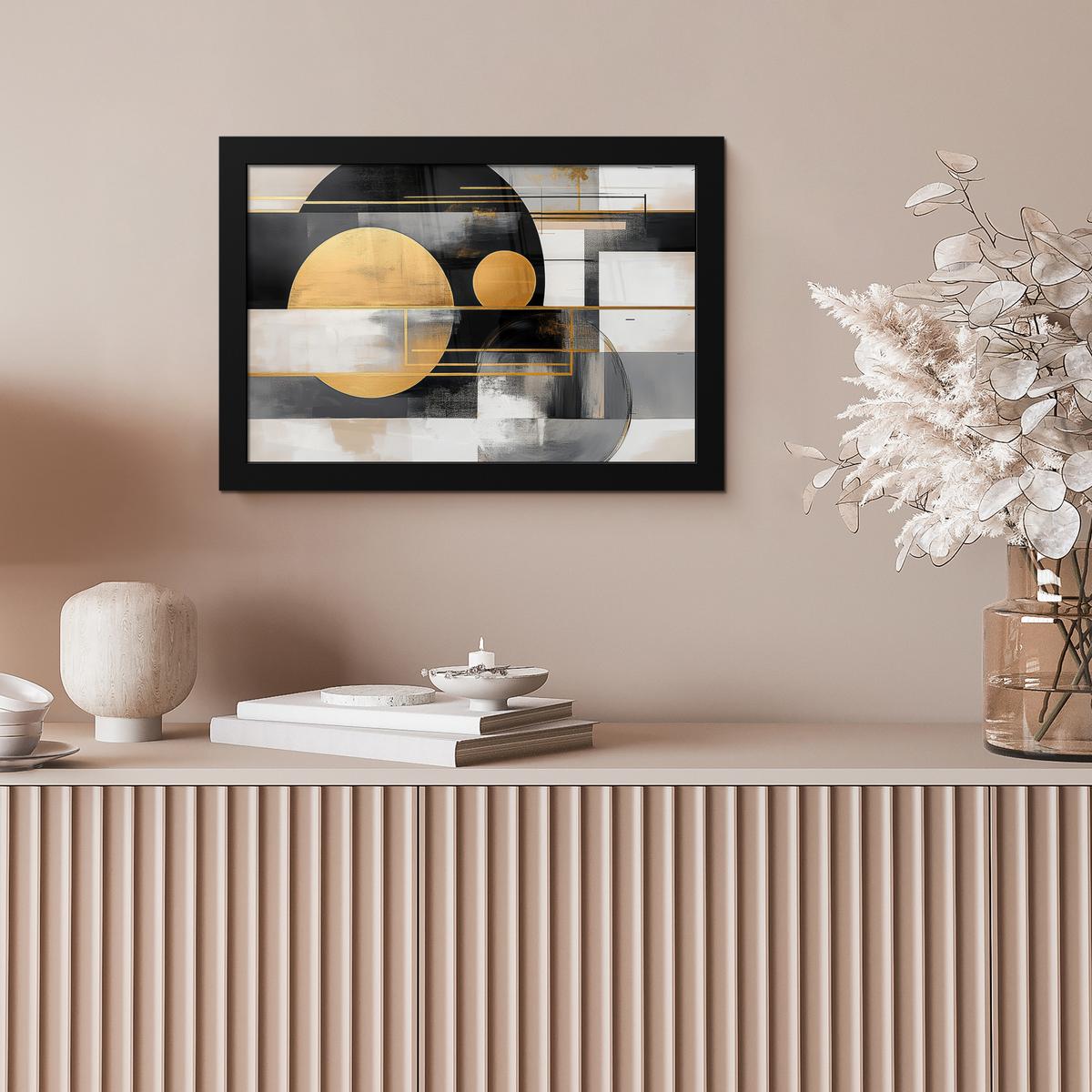 POSTER MIT RAHMENGERAHMTES BILD Abstrakt - Gold - Silber - Formen - Ästhetisch - Modern 30x20 cm - Goldfarben, Papier (30/20cm) - MuchoWow