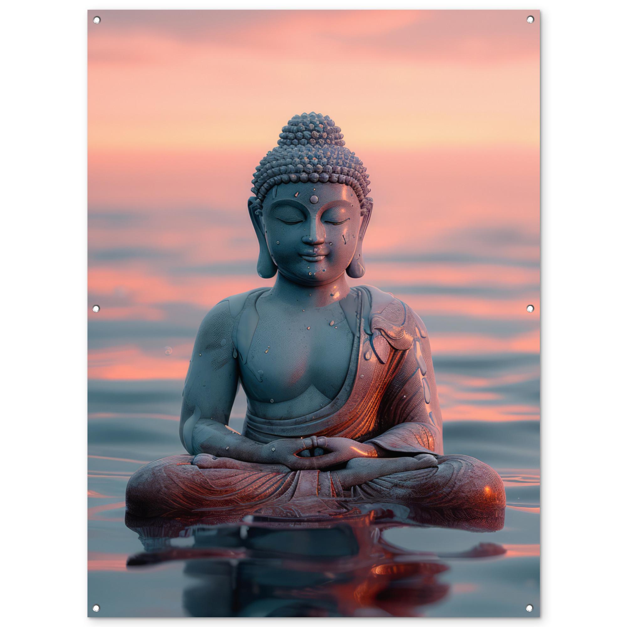 GARTENPOSTER Buddha - Statue - Buddha - Wasser - Kunst - Buddha Gartendekoration 120x160 cm - Blaugrau, Kunststoff (120/160/0.2cm) - OnlyWow