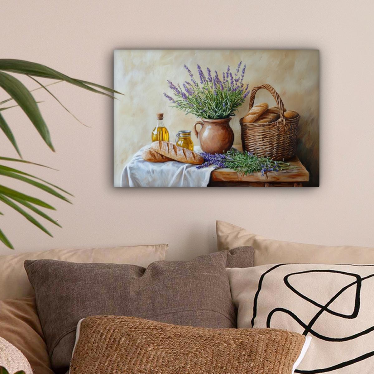 LEINWANDBILD Lavendel - Brot - Stilleben Deko Schlafzimmer 30x20 cm - Flieder, Textil (30/20cm) - MuchoWow