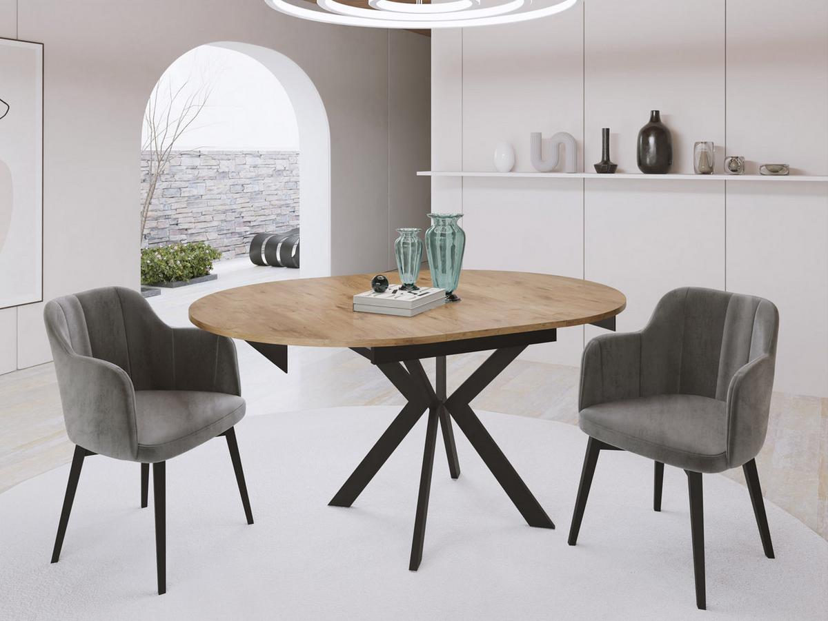 ESSTISCH Lily runder ausziehbarer, Lancelot Eiche 100-140/100/76 cm - Eichefarben/Schwarz, Holzwerkstoff/Metall (100/100/76cm) - WFL GROUP