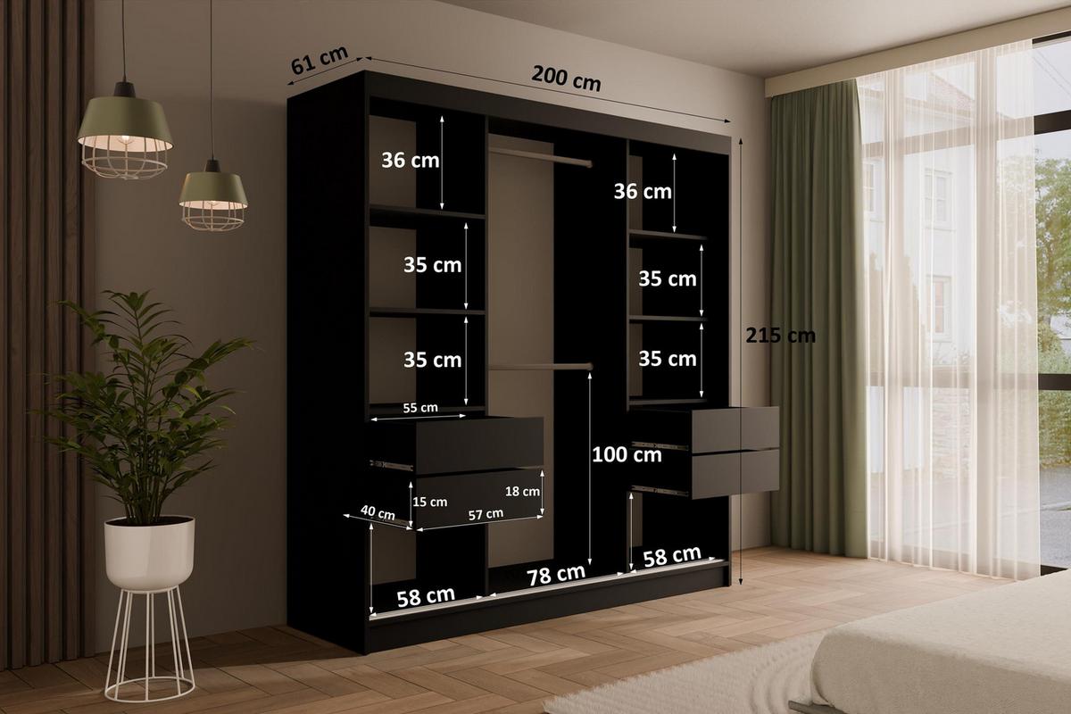 KLEIDERSCHRANK mit Spiegel V2-URBANO 215x200 cm Schwarz - Schwarz, Holzwerkstoff (200/215/61cm) - ALTDECOR
