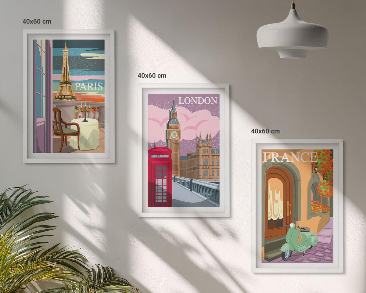 BILDER SET 3er Set - 40x60 cm Weißer Rahmen - Ansichten Paris London Retro - Weiß, Kunststoff (40/60cm) - TULUP