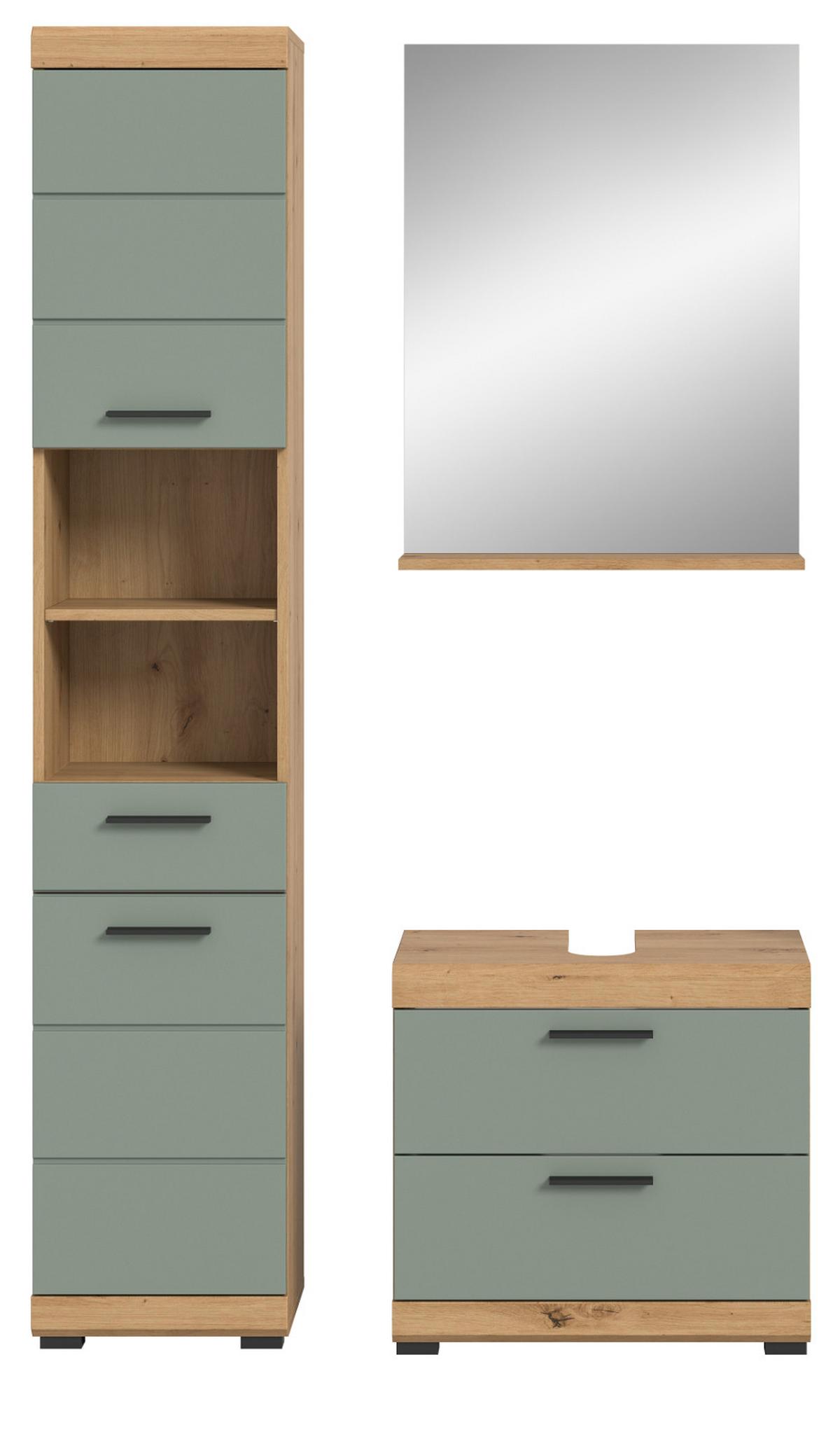 BADMÖBEL-SET Salbei grün, Eiche Artisan 3-teilig 112 cm, Komplettset mit viel Stauraum - Salbeigrün/Schwarz, Glas/Holzwerkstoff (112/191/37cm) - Inn.Furn