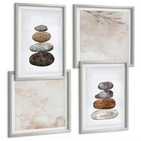 BILDER SET 4er Set - 50x50 cm & 40x60 cm Silberner Rahmen - Steinstapel-Boho-Malerei - Silberfarben, Kunststoff (50/50cm) - TULUP