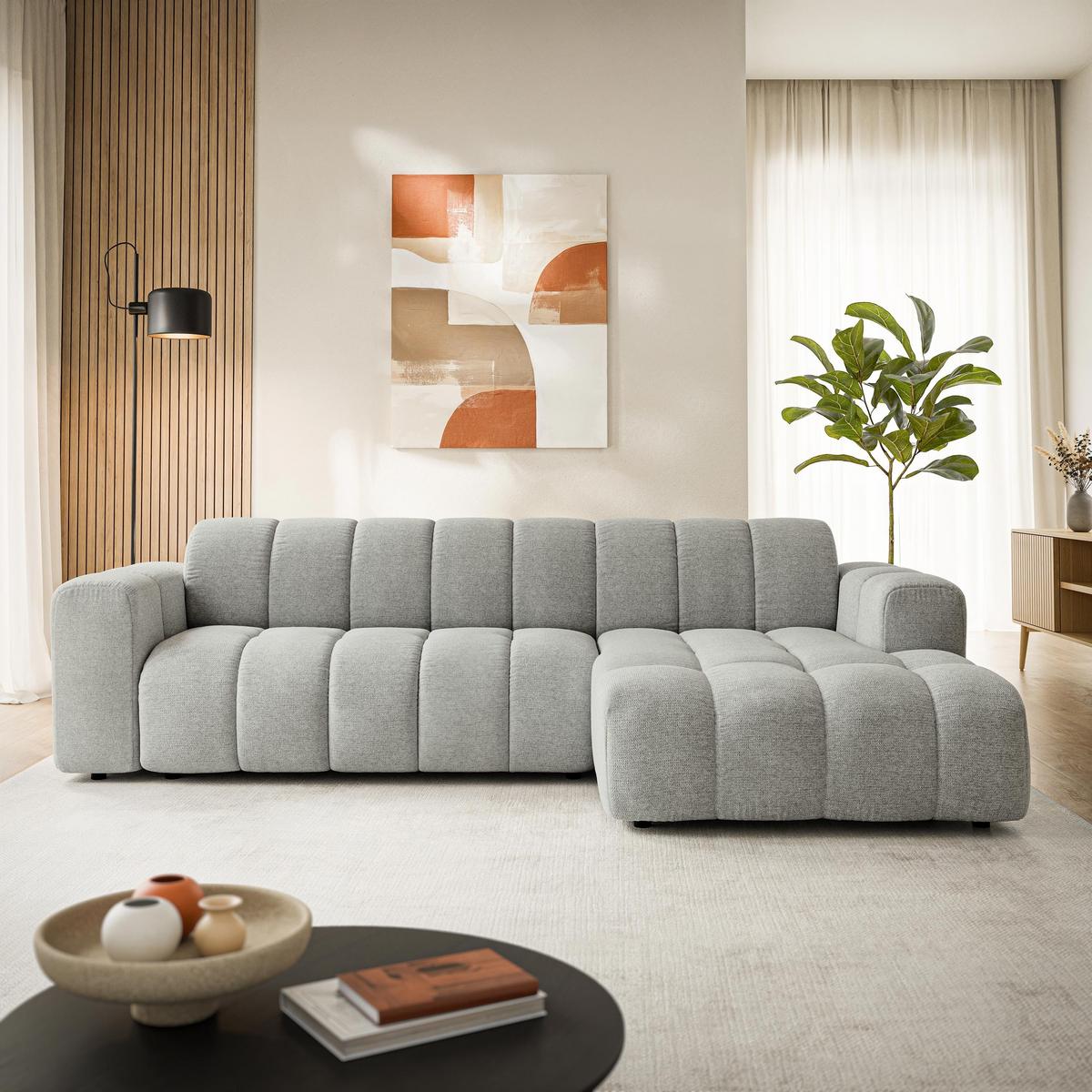 ECKSOFA SETIA Hellgrau Strukturstoff mit Schlaffunktion - Hellgrau, Holz (304/165cm) - MASSENO