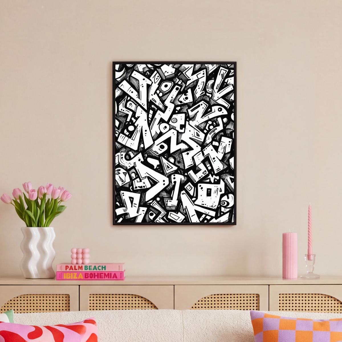 LEINWAND Bilder mit Rahmen - Formen - Buchstaben - Graffiti - Schwarz - 60x80 - Schwarz, Textil (60/80cm) - MuchoWow