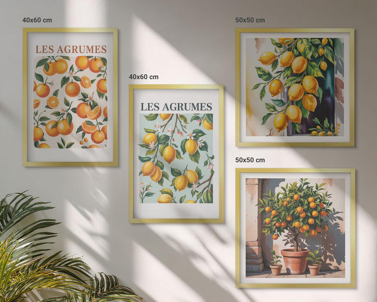BILDER SET 4er Set - 50x50 cm & 40x60 cm Goldrahmen - Fruchtige Zitrusmuster - Goldfarben, Kunststoff (50/50cm) - TULUP
