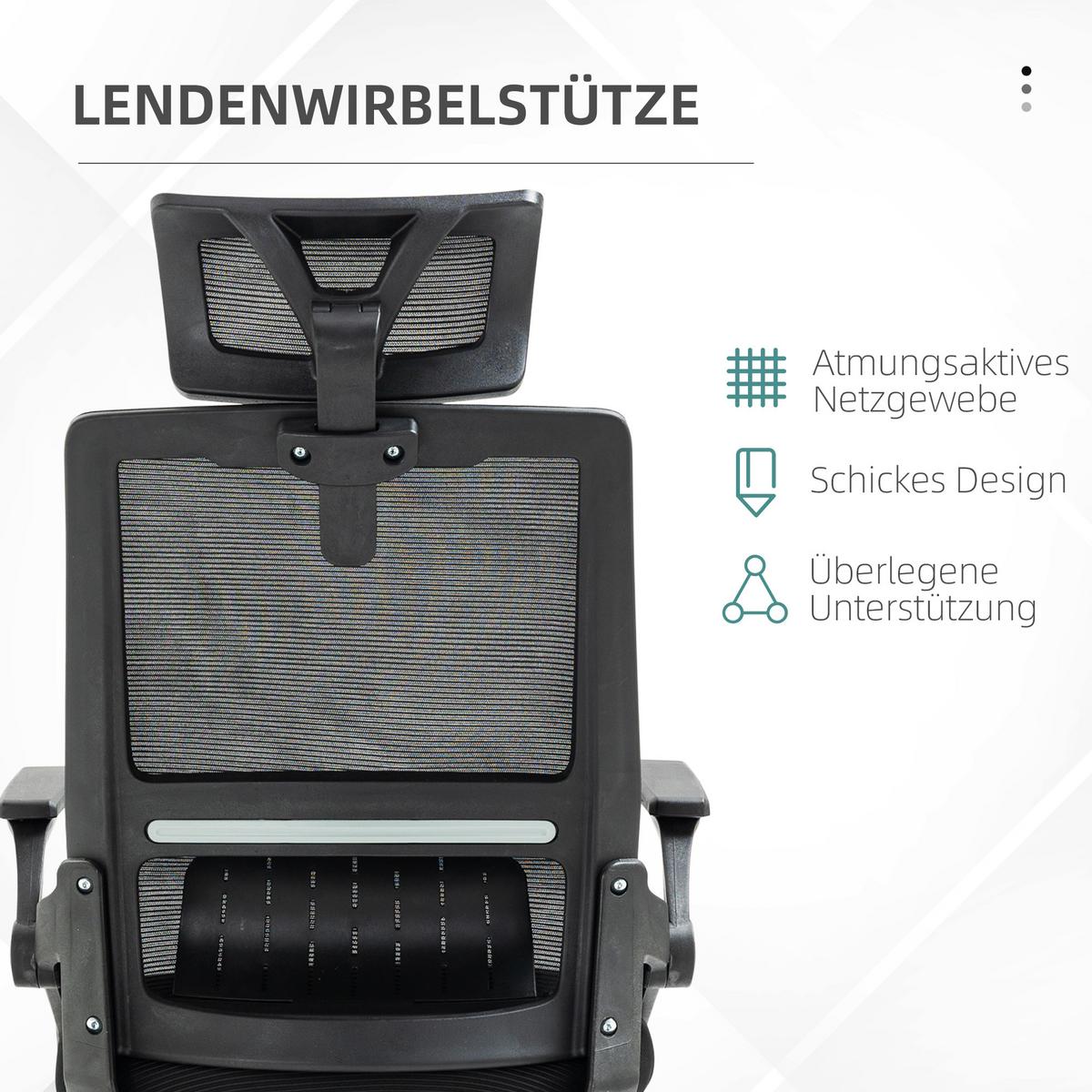 BÜROSTUHL Ergonomisch, Schreibtischstuhl mit Verstellbar Kopfstütze Mesh Schwarz - Schwarz, Textil (61/121.5/60cm) - Vinsetto
