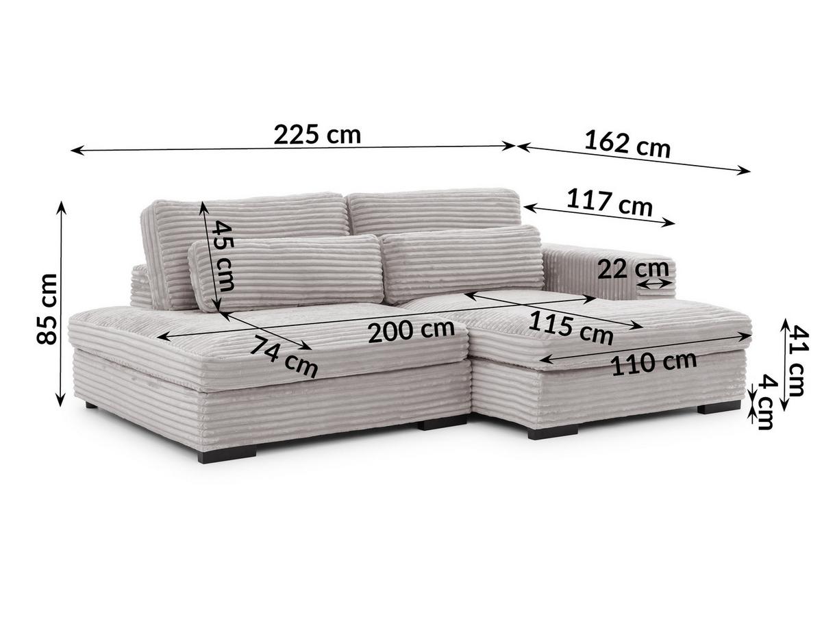 ECKSOFA Wolke mit tiefer Sitzfläche, Schlaffunktion und praktischem Bettkasten aus weichem Hellgrau Cordstoff - Hellgrau/Schwarz, Holz/Kunststoff (225/162cm) - S-Style