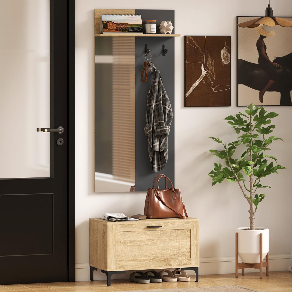 GARDEROBE-SET MDF Spiegel Naturholz - Schwarz/Naturfarben, Holzwerkstoff/Metall (13.5/127.5/60cm) - HOMCOM