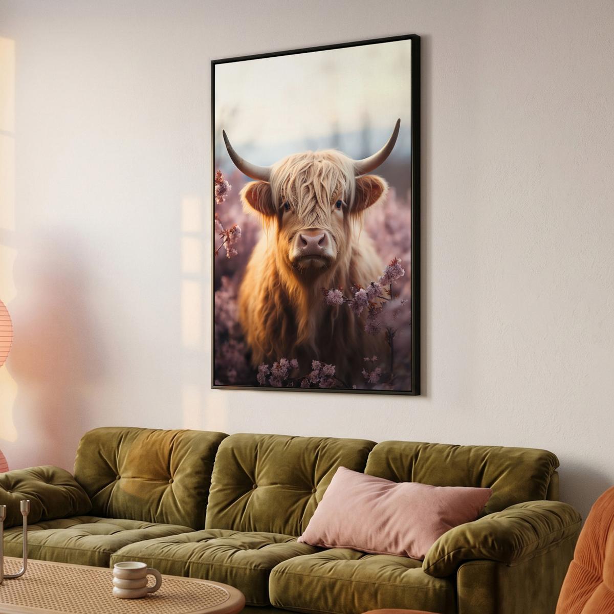 LEINWAND Bilder mit Rahmen - Schottischer Hochländer - Frühling - Hochland - 90x140 - Hellrosa, Textil (90/140cm) - MuchoWow