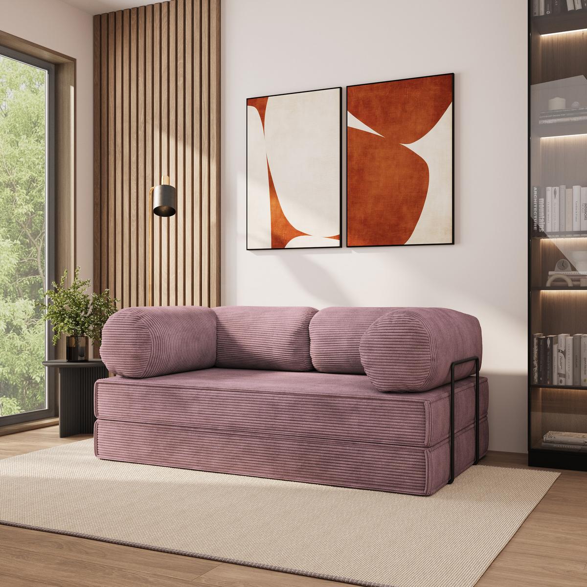 BETTSOFA ALVIO aus Schaumstoff Kordstoff Lila Schlaffunktion - Lila, Textil (170/68/80cm) - MASSENO
