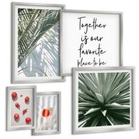 BILDER SET 5er Set - 50x50 cm & 20x30 cm & 40x60 cm Silberner Rahmen - Feiertags-Palmenfrucht-Inschrift - Silberfarben, Kunststoff (40/60cm) - TULUP