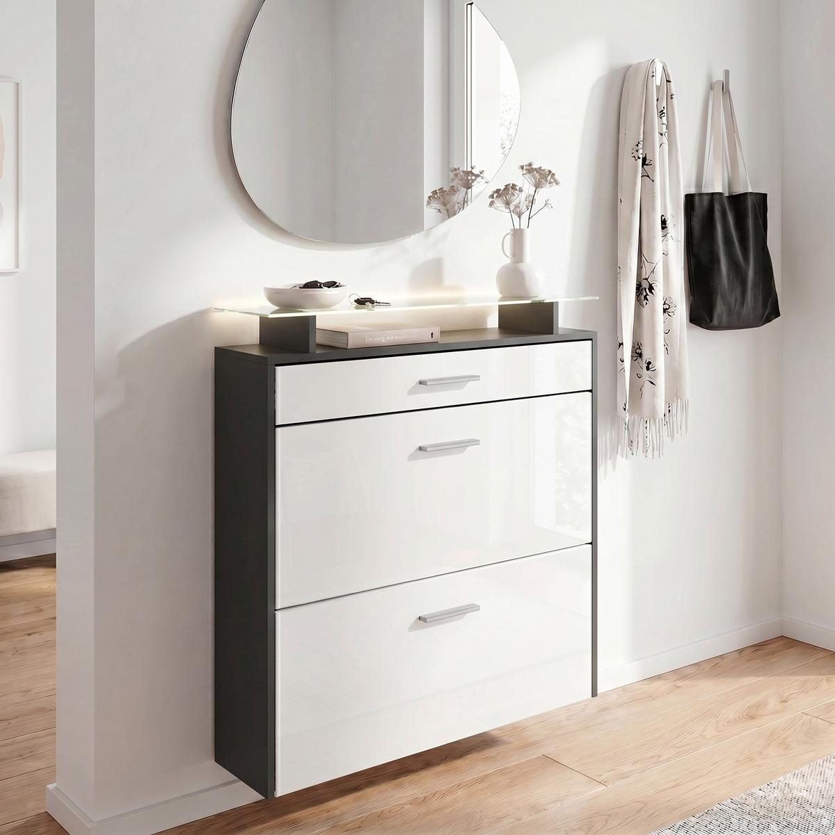 SCHUHSCHRANK Malea Fronten in Weiß Hochglanz - Weiß Hochglanz, Holzwerkstoff (89/96/23cm) - Vladon