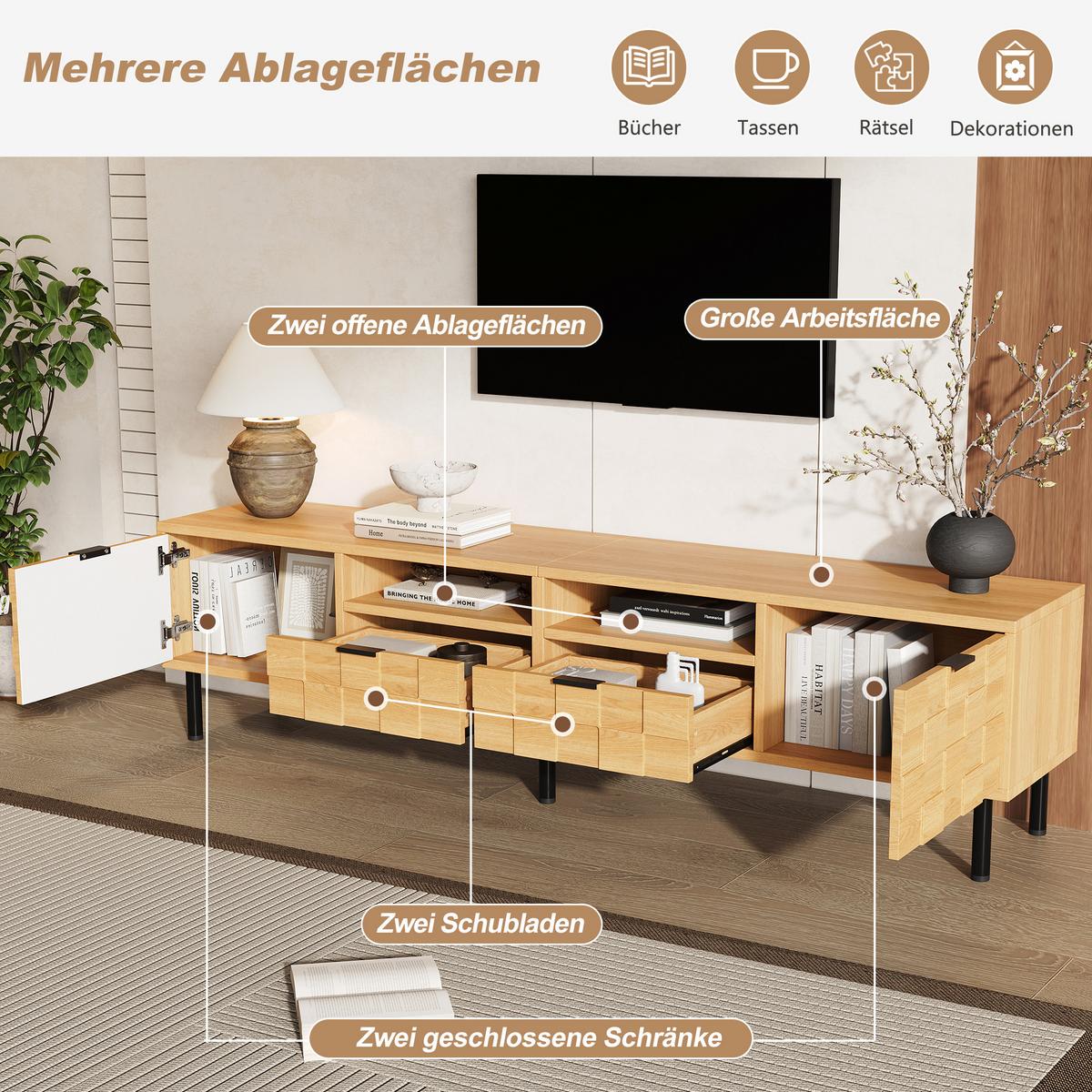LOWBOARD Naturholzoptik 200cm für 80 Zoll TV, 3D-Dekor, 2 Türen & 2 Schubladen - Naturfarben, Holzwerkstoff (200/44.5/35cm) - Urban Meuble