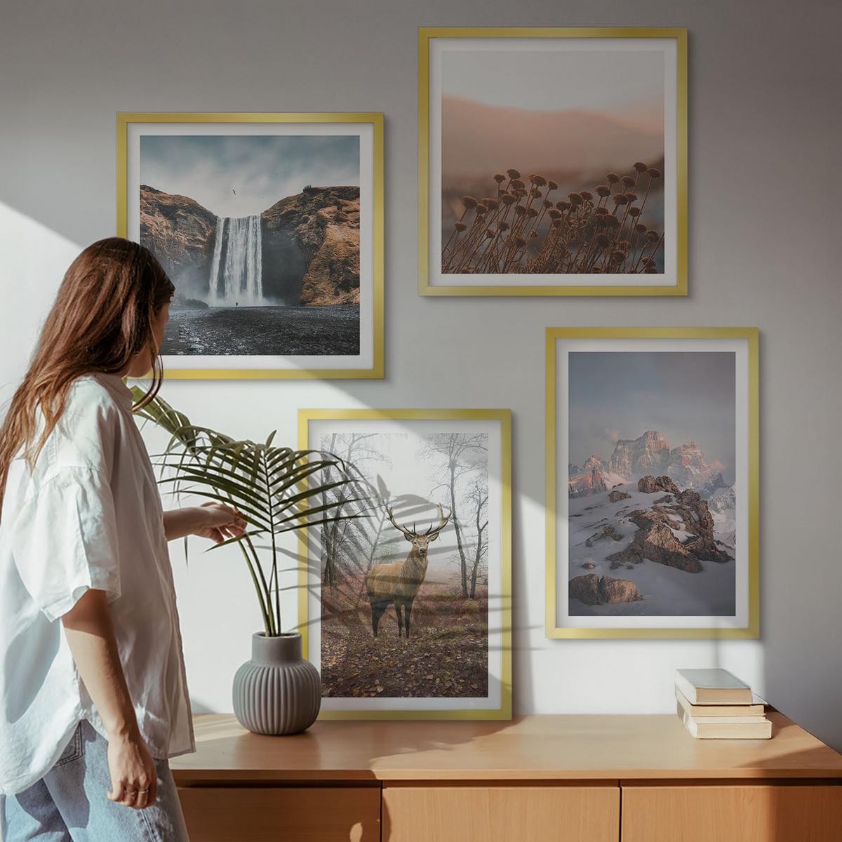 BILDER SET 4er Set - 50x50 cm & 40x60 cm Goldrahmen - Wilde Landschaften, Berge, Hirsche - Goldfarben, Kunststoff (50/50cm) - TULUP