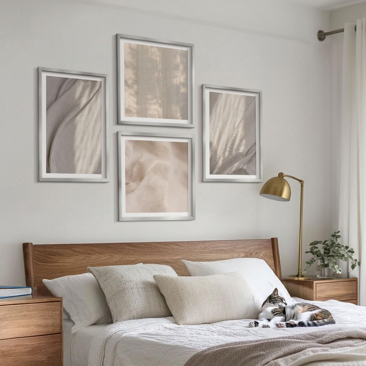 BILDER SET 4er Set - 50x50 cm & 40x60 cm Silberner Rahmen - Nahaufnahme von natürlichen Boho-Stoffen - Silberfarben, Kunststoff (50/50cm) - TULUP