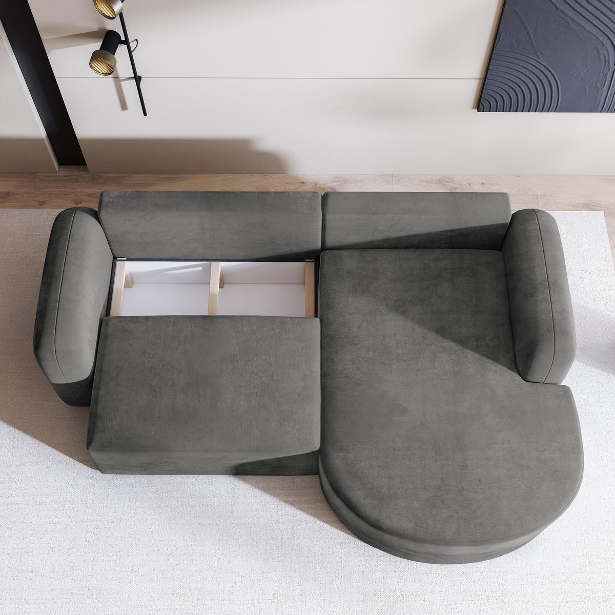 ECKSOFA AMILIA M R-S Grau Velours-Stoff mit Schlaffunktion - Grau, Holz (263/174cm) - MASSENO