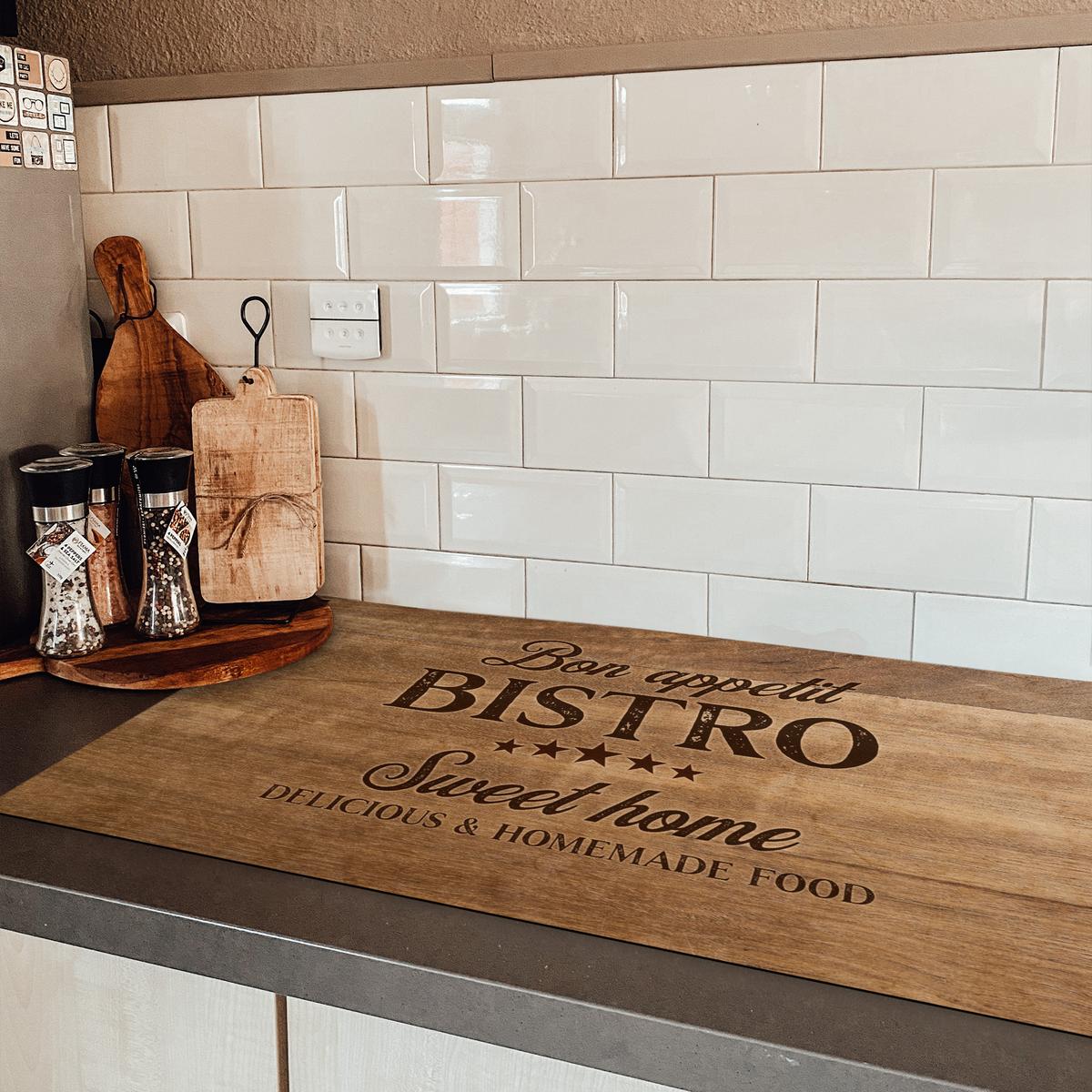 HERDABDECKPLATTE Zitat - Bistro - Guten Appetit - Süßes Zuhause - Holzmaserung Induktionsschutz 91.6x52.7 cm - Braun, Kunststoff (91.6/52.7/0.2cm) - MuchoWow