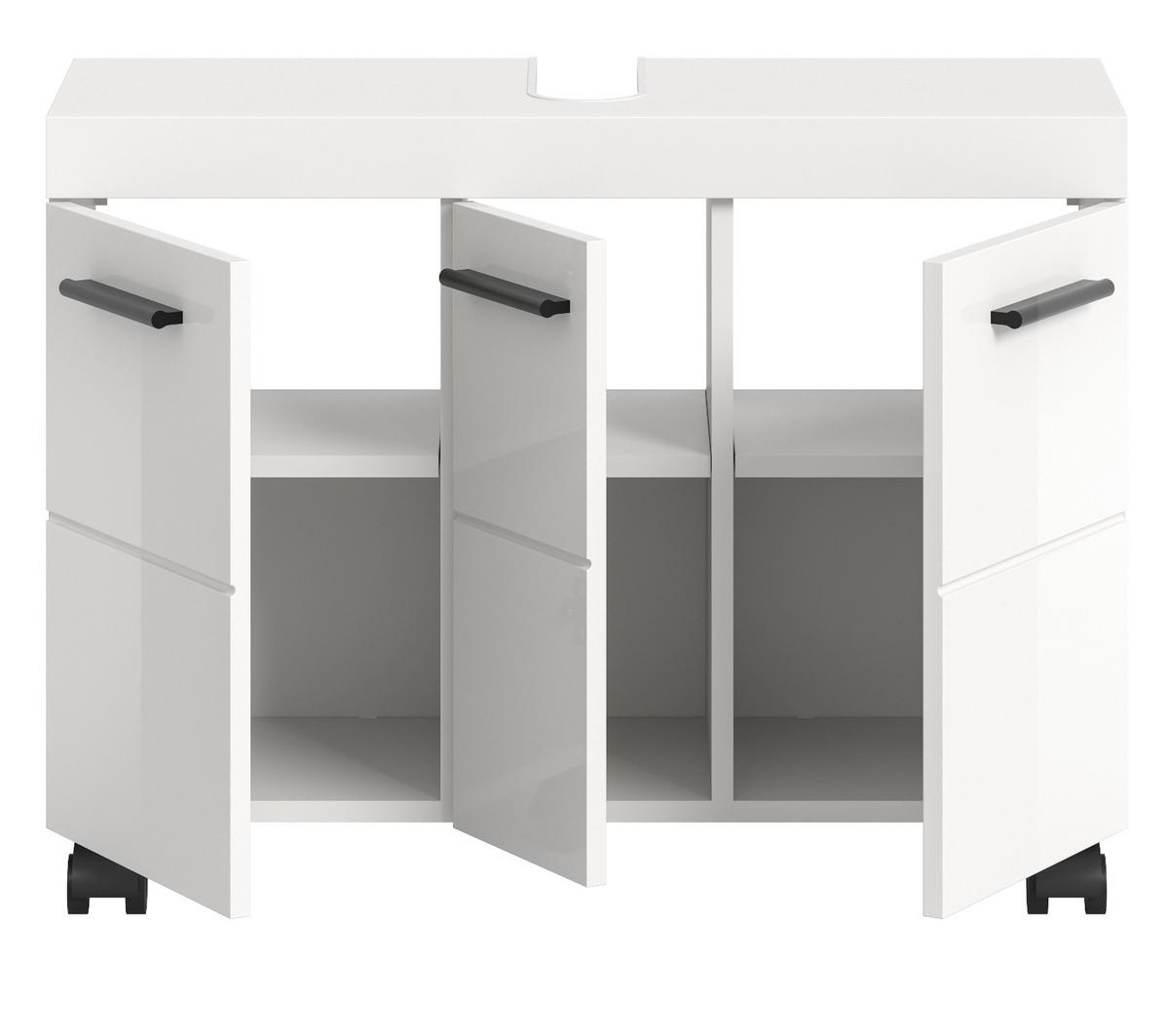 WASCHBECKENUNTERSCHRANK weiß Hochglanz 80 cm, Badezimmer Unterschrank auf Rollen - Weiß Hochglanz/Schwarz, Holzwerkstoff/Kunststoff (80/30/58cm) - Inn.Furn